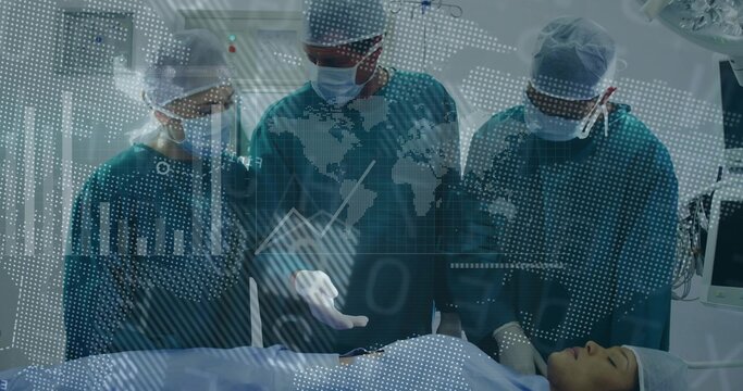 Surgical team in scrubs performing procedure in operating room, with surgical drapes, data overlay