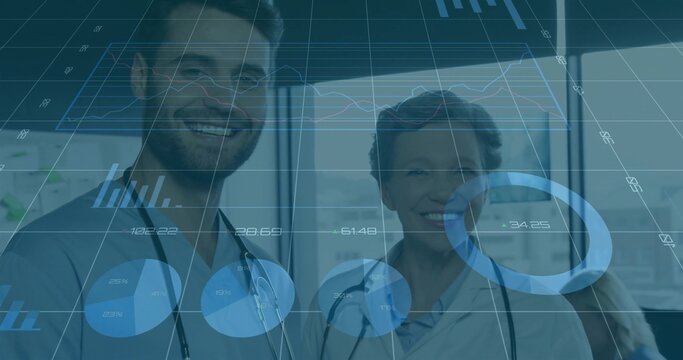 Analyzing medical professionals monitoring digital charts in clinic, with stethoscopes and window - Powered by Adobe