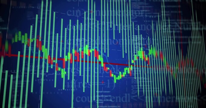 Candlestick chart displaying market trends in trading screen, with red line, code and data overlays
