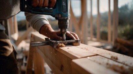 Construction worker drilling wood