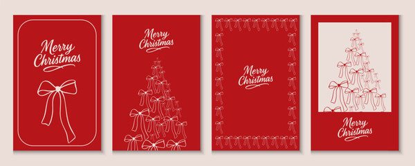 Merry Christmas and Happy New Year cards, posters, holiday covers. Set of greeting Xmas banner templates with patterns and frames typography in modern vintage style for web, social media, print.