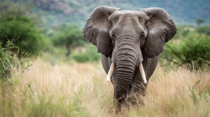 Naklejka premium A large elephant is walking through a grassy field