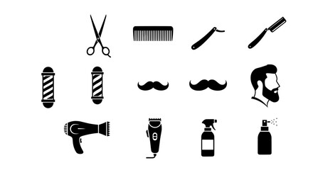 Collection of classic barber shop tools and symbols including scissors comb razor mustache beard and hairdryer for grooming and styling