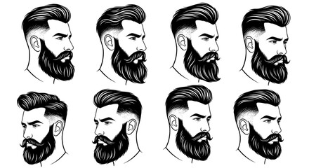 Collection of diverse beard styles and haircuts for men showcasing masculine grooming and modern barbering trends in a black and white illustration