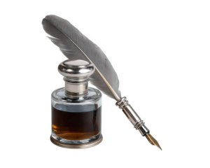 Nostalgic vintage quill pen with grey feather resting on glass inkwell filled with ink. This antique writing tool for calligraphy isolated on background