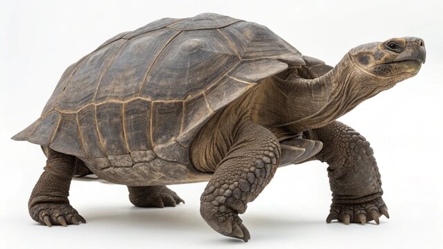 Megalochelys with massive domed shell, thick scaly limbs, and prehistoric turtle features, isolated on a clean white studio background, realistic extinct giant tortoise portrait, sharp focus, professi