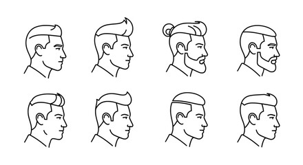 Collection of eight hand drawn black and white profile sketches of men s hairstyles and facial hair variations