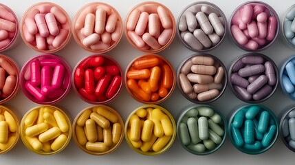 A row of colorful pills in different colors and sizes