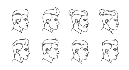 Fototapeta premium Collection of eight hand drawn black and white profile sketches of men s hairstyles and facial hair variations