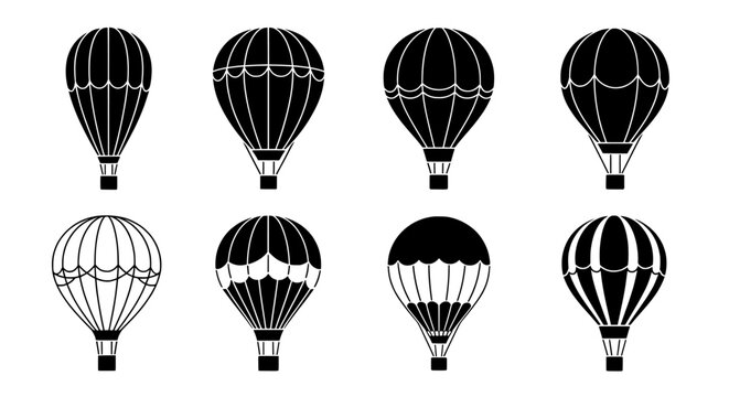 Collection of eight detailed black and white hot air balloon illustrations in a grid formation against a transparent background