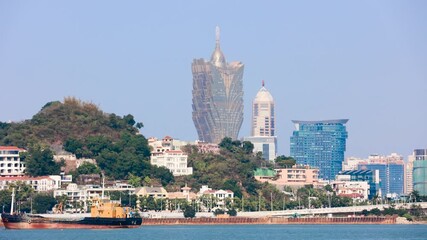 Grand Lisboa Hotel and Macau Skyline Landmark Shot from Waterfront