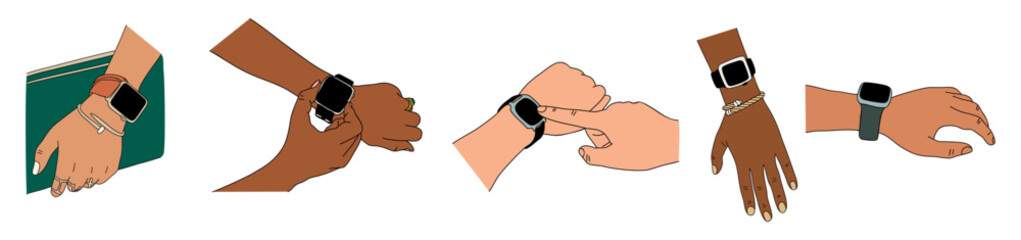 Vector illustration of diverse hands wearing smartwatches in different gestures and skin tones. Modern tech accessory concept in flat minimal style for lifestyle and technology themes