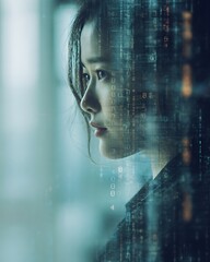 A woman in an office overlaid with digital codes and connecting lines represents digital transformation.