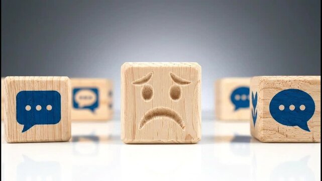 Sad face block surrounded by chat bubbles representing communication issues.