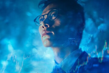 A middle-aged man in a suit stands in front of a futuristic city scene with an overlay of rising graphs and hologram lines.