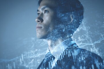 A middle-aged man in a suit stands in front of a futuristic city scene with an overlay of rising graphs and hologram lines.