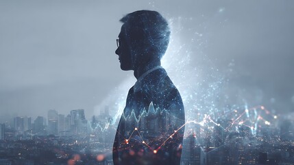 double exposure portrait of asian businessman in suit standing before futuristic city skyline, overlay of rising graph, holographic lines, glowing particles