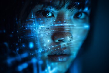 double exposure portrait of asian person staring at screen, overlay with AI neural network, big data visualization