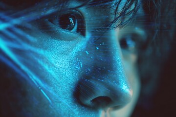 double exposure portrait of asian person staring at screen, overlay with AI neural network, big data visualization