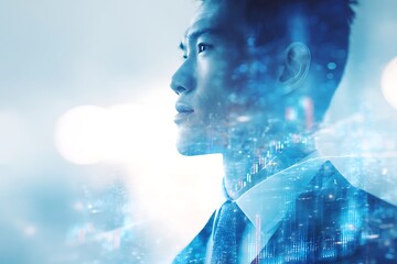 A middle-aged man in a suit stands in front of a futuristic city scene with an overlay of rising graphs and hologram lines.