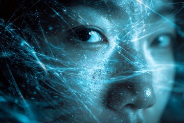 double exposure portrait of asian person staring at screen, overlay with AI neural network, big data visualization