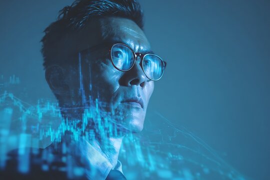 A middle-aged man in a suit stands in front of a futuristic city scene with an overlay of rising graphs and hologram lines. - Powered by Adobe