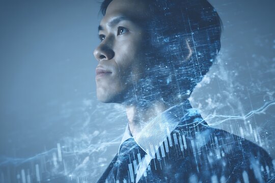 A middle-aged man in a suit stands in front of a futuristic city scene with an overlay of rising graphs and hologram lines.