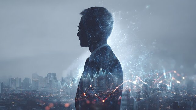 double exposure portrait of asian businessman in suit standing before futuristic city skyline, overlay of rising graph, holographic lines, glowing particles