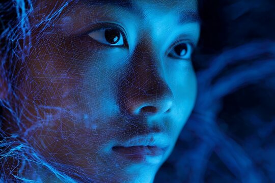 double exposure portrait of asian person staring at screen, overlay with AI neural network, big data visualization - Powered by Adobe