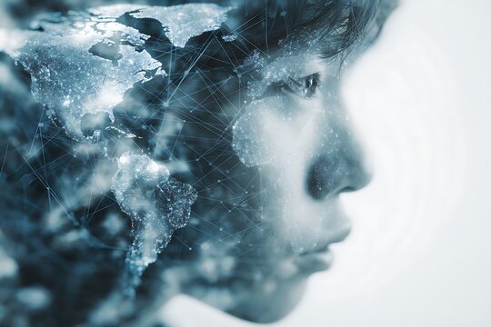 Half-body image of an Asian person with world map connection lines overlaid with data flow.