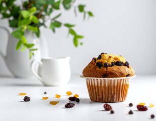 Delicious muffin with raisins and chocolate chips on a white surface