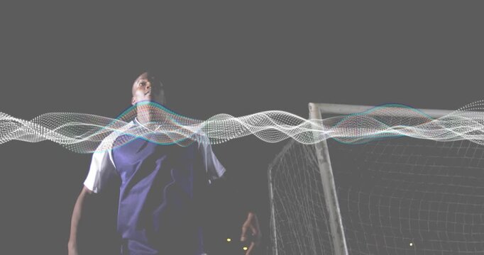 Goalkeeper bracing as digital wave sweeping net tracking opponent leaping for header defending goal