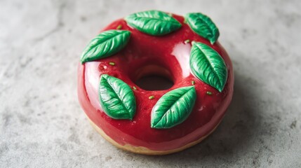 Decorative glazed donut on gray surface