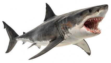 Fototapeta premium Megalodon shark with massive body, sharp teeth, and powerful fins, isolated on a clean white studio background, realistic prehistoric shark portrait, sharp focus, professional lighting