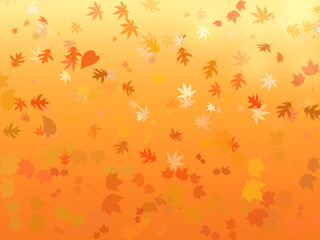 Autumn background illustration with an orange-to-white gradient, softly glowing top, and various falling colorful leaves.