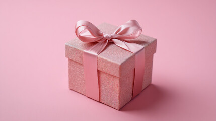 Fototapeta premium A pink gift box with a matching ribbon and bow sitting on a pink background in soft lighting