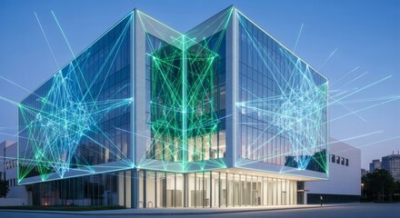 Modern Building Integrated With Abstract Digital Network Visualization