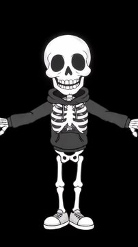 Cartoon Skeleton Dancing in Hoodie - A cheerful cartoon skeleton, wearing a hoodie and sneakers, is shown dancing against a black background. The animation style is simple and playful.