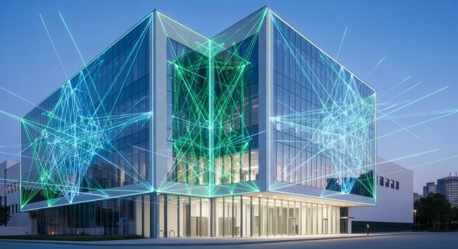 Modern Building Integrated With Abstract Digital Network Visualization
