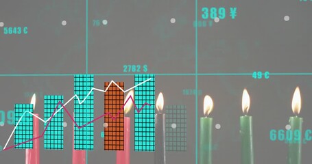 Teal label appearing launching bars growing beneath candles and lines illustrating financial trends - Powered by Adobe