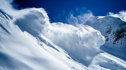 Wide avalanche cloud rolling over snowy mountains