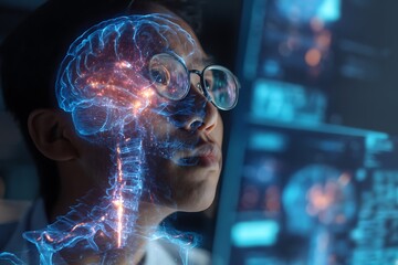 double exposure asian researcher looking at monitor, overlay with glowing brain and AI chip hologram, digital data background