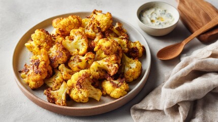 Fototapeta premium A plate of cauliflower is served with a dipping sauce