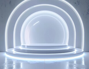 Obraz premium Illuminated Display Stage: Futuristic and minimalist design, featuring a sleek, modern, and glowing platform, perfect for product showcasing or artistic presentations.
