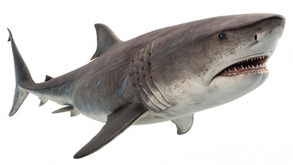 Fototapeta premium Megamouth Shark with large rounded mouth, smooth gray body, and gentle fins, isolated on a clean white studio background, realistic deep-sea shark portrait, sharp focus, professional lighting