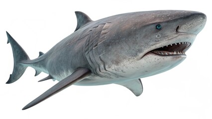 Fototapeta premium Megamouth Shark with large rounded mouth, smooth gray body, and gentle fins, isolated on a clean white studio background, realistic deep-sea shark portrait, sharp focus, professional lighting