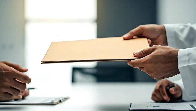 Two people in white attire exchange a document over a white table. Hands passing a file