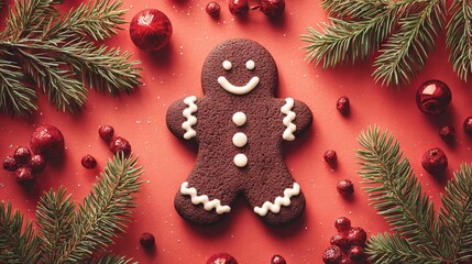 The cookie is smiling and surrounded by berries and other festive items