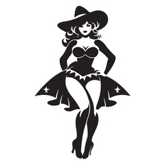 Witchy Showgirl Silhouette – Retro Glam Halloween Pin-Up Art