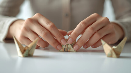 Obraz premium Hands carefully fold banknotes into origami, playfully yet symbolically.